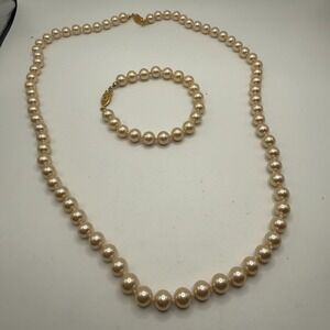 Vintage Faux Pearl Necklace Bracelet knotted Set Classic Bridal Wedding Elegant